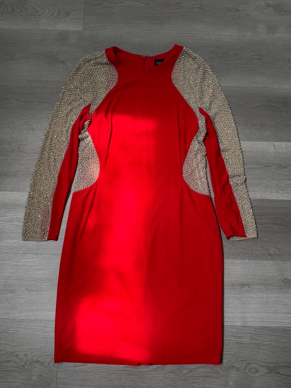 Xscape Red Long Sleeve Dress with Embellished Nude Sheer Sleeves
